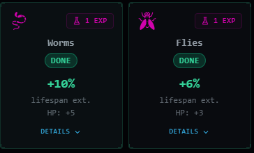 Pump.Science results: Worms +10% lifespan extension HP +5, Flies +6% lifespan extension HP +3 — both DONE